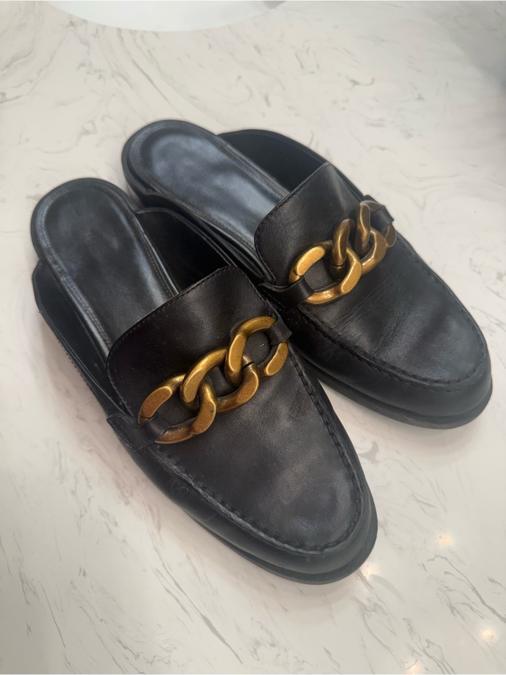 MICHAEL Michael Kors Black Leather Chain-Trim Slide Loafers